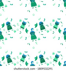 Seamless Pattern with Hand Drawn Girls. Bright Seamless Background with Trendy Elements. Naive Texture in Fashion Style. Modern Childish Rapport for Dress, Linen, Child Cloth. Vector Girlie Pattern.