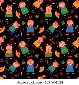 Seamless Pattern with Hand Drawn Girls. Naive Texture in Fashion Style. Bright Seamless Background with Trendy Elements. Modern Childish Rapport for Dress, Linen, Child Cloth. Vector Girlie Pattern.