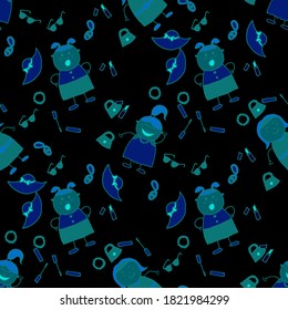 Seamless Pattern with Hand Drawn Girls. Modern Childish Rapport for Dress, Linen, Child Cloth. Bright Seamless Background with Trendy Elements. Naive Texture in Fashion Style. Vector Girlie Pattern.