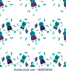 Seamless Pattern with Hand Drawn Girls. Naive Texture in Fashion Style. Modern Childish Rapport for Dress, Linen, Child Cloth. Bright Seamless Background with Trendy Elements. Vector Girlie Pattern.