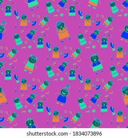 Seamless Pattern with Hand Drawn Girls. Modern Childish Rapport for Dress, Linen, Child Cloth. Naive Texture in Fashion Style. Bright Seamless Background with Trendy Elements. Vector Girlie Pattern.