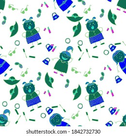 Nahtloses Muster mit handgezeichneten Mädchen. Moderner Kinderportier für Kleidung, Wäsche, Kinderkleidung. Heller, nahtloser Hintergrund mit trendigen Elementen. Naive Textur im Mode-Stil. Vektor Girlie Muster.