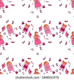 Seamless Pattern with Hand Drawn Girls. Naive Texture in Fashion Style. Bright Seamless Background with Trendy Elements. Modern Childish Rapport for Dress, Linen, Child Cloth. Vector Girlie Pattern.