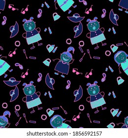 Seamless Pattern with Hand Drawn Girls. Bright Seamless Background with Trendy Elements. Modern Childish Rapport for Dress, Linen, Child Cloth. Naive Texture in Fashion Style. Vector Girlie Pattern.