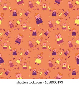 Seamless Pattern with Hand Drawn Girls. Modern Childish Rapport for Dress, Linen, Child Cloth. Naive Texture in Fashion Style. Bright Seamless Background with Trendy Elements. Vector Girlie Pattern.