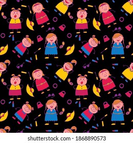 Seamless Pattern with Hand Drawn Girls. Modern Childish Rapport for Dress, Linen, Child Cloth. Naive Texture in Fashion Style. Bright Seamless Background with Trendy Elements. Vector Girlie Pattern.