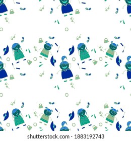 Seamless Pattern with Hand Drawn Girls. Modern Childish Rapport for Dress, Linen, Child Cloth. Bright Seamless Background with Trendy Elements. Naive Texture in Fashion Style. Vector Girlie Pattern.
