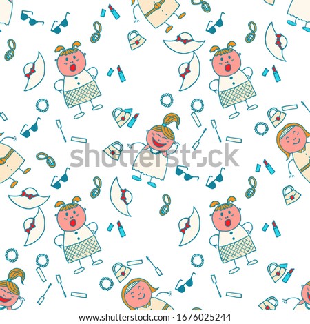Seamless Pattern with Hand Drawn Girls. Modern Childish Rapport for Dress, Linen, Child Cloth. Naive Texture in Fashion Style. Bright Seamless Background with Trendy Elements. Vector Girlie Pattern.