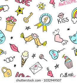 Seamless pattern with hand drawn girly doodles. Repeating background with childish sketch design elements for textile, wallpaper, scrapbooking.