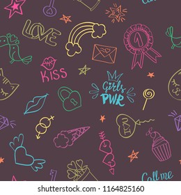 Seamless pattern with hand drawn girly doodles. Repeating background with childish sketch design elements for textile, wallpaper, scrapbooking.