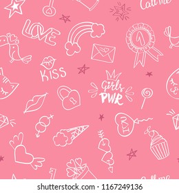 Seamless pattern with hand drawn girly doodles. Repeating background with childish sketch design elements for textile, wallpaper, scrapbooking.