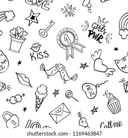 Seamless pattern with hand drawn girly doodles. Repeating background with childish sketch design elements for textile, wallpaper, scrapbooking.