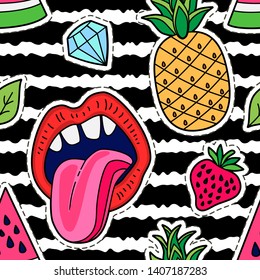 Seamless pattern with hand drawn girly doodles. Feminist movement fashion patch badges. Repeating background with childish sketch design elements for textile, wallpaper, scrapbooking.