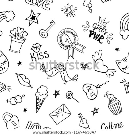 Seamless pattern with hand drawn girly doodles. Repeating background with childish sketch design elements for textile, wallpaper, scrapbooking.