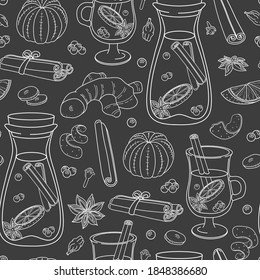 Patrón inmaculado con vidrio dibujado a mano y decantador de vino a la parrilla con ingredientes en pizarra. Hermoso dibujo vectorial para banner, publicidad, afiche de vacaciones, paquete, papel envolvente, impresión.