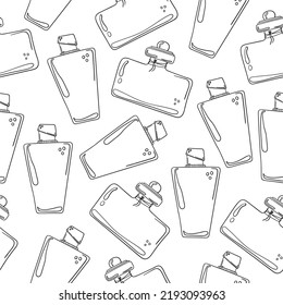 Seamless pattern with hand drawn glass perfume bottle with on a white background. Doodle, simple outline illustration. It can be used for decoration of textile, paper and other surfaces.