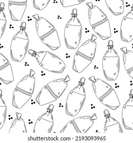 Patrón sin brillo con frasco de perfume de vidrio dibujado a mano con un fondo blanco. Doodle, simple ilustración de contorno. Se puede utilizar para la decoración de textiles, papel y otras superficies.