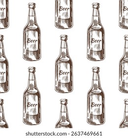 Seamless pattern with hand drawn glass beer bottles featuring label text. Vintage engraving style in brown ink. Perfect for bar branding, packaging, fabric and pub decor.