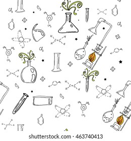 seamless pattern with hand drawn glass flasks. Uncolored bottles. Chemistry pattern.Back to school