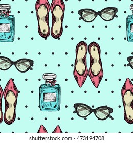 Seamless pattern with hand drawn glasses, shoes and perfume