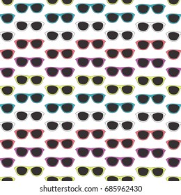 Seamless pattern with hand drawn glasses, fashion sunglasses, vector background for design of packing, poster, cards, covers, fabric and wrapping paper.