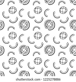 Seamless pattern hand drawn globe and arrows inetrnet. Doodle black sketch. Sign symbol. Decoration element. Isolated on white background. Flat design. Vector illustration.