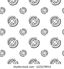 Seamless pattern hand drawn globe and arrows inetrnet. Doodle black sketch. Sign symbol. Decoration element. Isolated on white background. Flat design. Vector illustration.