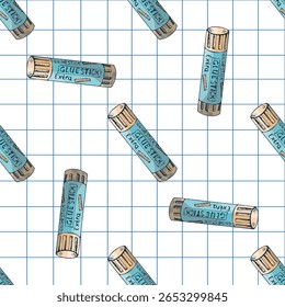 Seamless pattern with hand drawn glue sticks on squared notebook paper. Vintage school supplies, blue and beige colors. Ideal for stationery, packaging, wrapping, textile, and digital design.