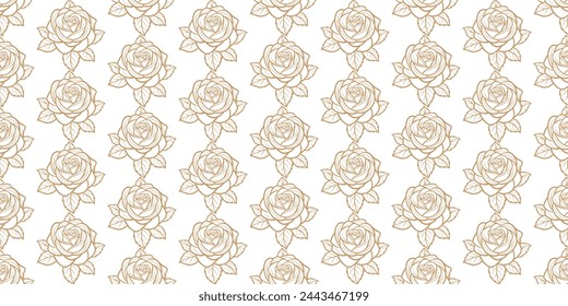 Seamless pattern with hand drawn gold roses on white background. Seamless pattern with flowers. Vector illustration.