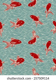 Seamless pattern with hand drawn gold fish