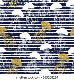 Seamless pattern with hand drawn gold glitter jellyfish silhouette in stripped background. For textile, wrapping, wallpaper