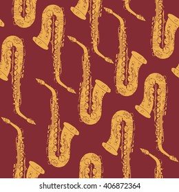 Seamless pattern with hand drawn gold saxophone on dark background. Musical instrument. Jazz band tool. Shine saxophone pattern for art blog, music design, jazz festival poster, etc.