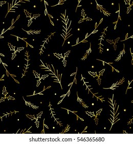 Seamless pattern with hand drawn gold branches. Winter background. Luxury wallpaper. Nature wrapping paper.  