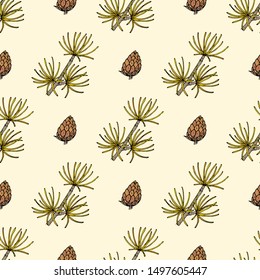 Seamless pattern with hand drawn golden larch. Botanical vector background