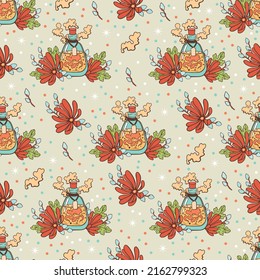 Seamless pattern with hand drawn  golden potion bottles and orange flowers on beige background. Beautiful vector texture