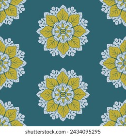 Seamless pattern with hand drawn golden classic floral rosette motifs on a teal background