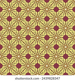 Nahtloses Muster mit handgezeichneten goldenen klassischen Blumenrosetten-Motiven auf rotem Hintergrund
