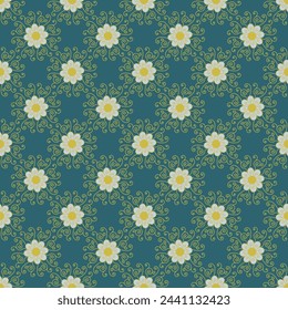 Seamless pattern with hand drawn golden classic floral rosette motifs on a teal background