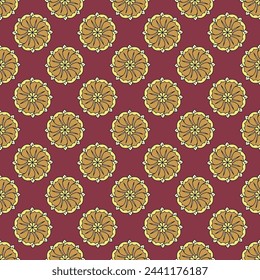 Nahtloses Muster mit handgezeichneten goldenen klassischen Blumenrosetten-Motiven auf rotem Hintergrund