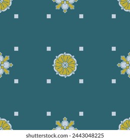 Seamless pattern with hand drawn golden classic floral rosette motifs on a teal background