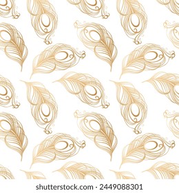 Patrón sin costura, plumas de pavo real de color dorado dibujado a mano, fondo, impresión, textil, Vector