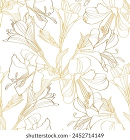 Seamless pattern with hand drawn golden line plants. Summer botanical background. Alstroemeria hand drawn flowers repeatable wallpaper.