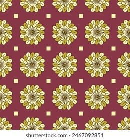 Seamless pattern with hand drawn golden classic floral rosette motifs on a red background