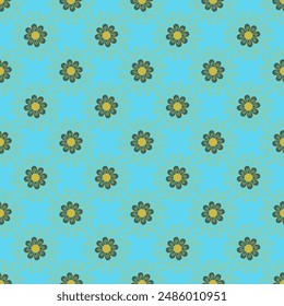 Seamless pattern with hand drawn golden classic floral rosette motifs on a teal background
