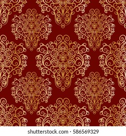 Seamless pattern with hand drawn golden ornament on a red background