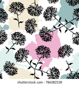 Seamless pattern with hand drawn golden daisy flowers and colorful spots