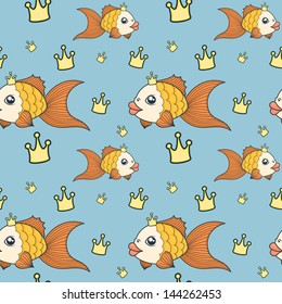 seamless pattern with hand drawn goldfish and a crown