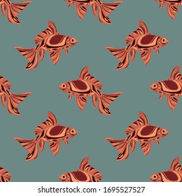 Seamless pattern with hand drawn goldfish. Stylized abstract fish. Wallpaper, print, packaging, paper, textile design. Vector illustration.