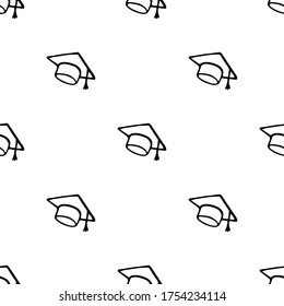 Seamless pattern with hand drawn graduate hat. Doodle style vector illustration isolated on white background. For interior design, wallpaper, packaging, posters, cards.