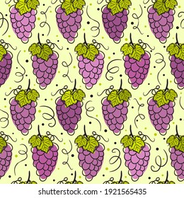 Seamless pattern of hand drawn grape leaves, vine and bunches. Coloring contour graphics. Vector illustration for winery, restaurant, bar.